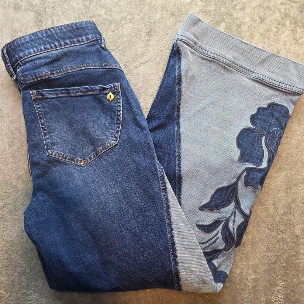 Democracy Two-Tone Blue Flare Jeans with Floral Patch